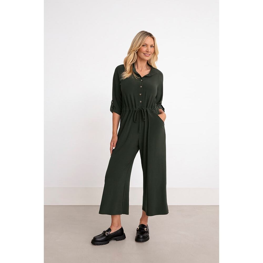NWT Sympli Safari Jumpsuit Elbow Sleeve Seaweed Green 14 Jersey Knit Travel‎